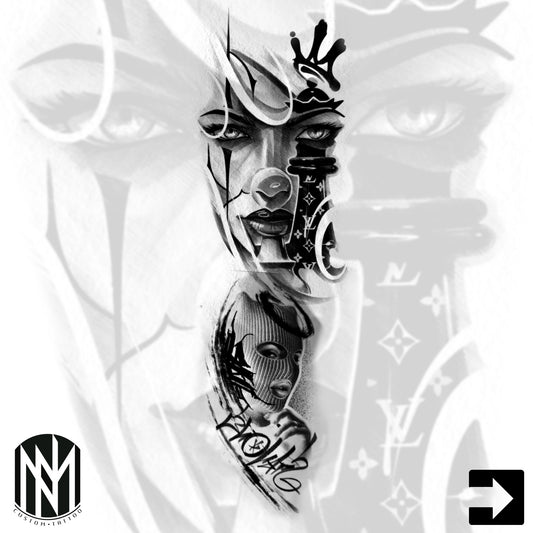 Customizable Black and Grey Flash Tattoo for Leg Side